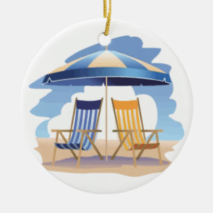 Blauw en geel Striped Beach Chairs & Umbrella Keramisch Ornament
