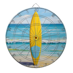 Blauw en geel surfboard op het strand dartbord