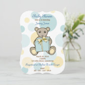 Blauw en Geel Teddybeer Babyshower Uitnodiging (Staand voorkant)