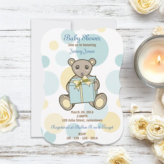 Blauw en Geel Teddybeer Babyshower Uitnodiging