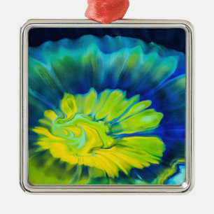 Blauw en Geel Tie Dye Metalen Ornament