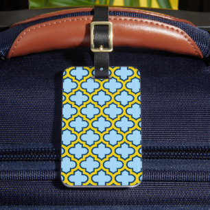 Blauw en geel trellis, rooster, quatrefoil bagagelabel