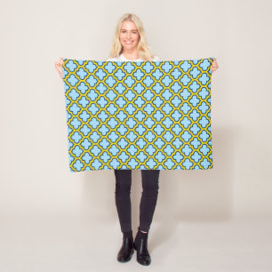 Blauw en geel trellis, rooster, quatrefoil fleece deken