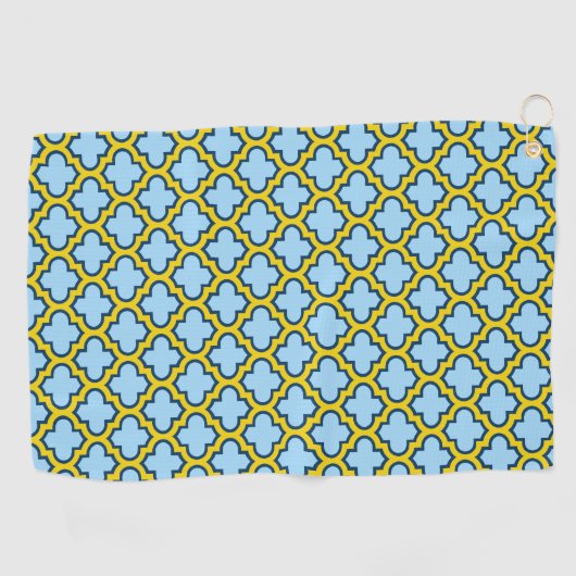 Blauw en geel trellis, rooster, quatrefoil golfhanddoek (Horizontaal)