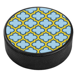 Blauw en geel trellis, rooster, quatrefoil hockey puck