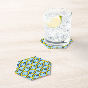 Blauw en geel trellis, rooster, quatrefoil kartonnen onderzetters