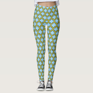 Blauw en geel trellis, rooster, quatrefoil leggings
