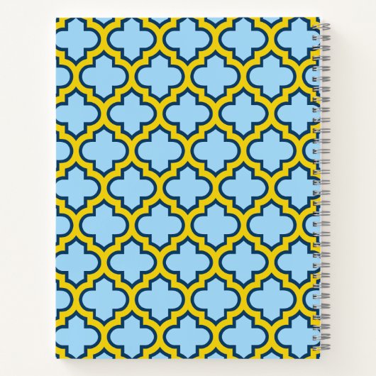 Blauw en geel trellis, rooster, quatrefoil notitieboek (Achterkant)
