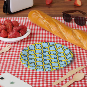 Blauw en geel trellis, rooster, quatrefoil papieren bordje