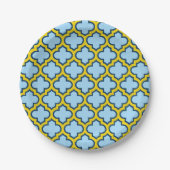 Blauw en geel trellis, rooster, quatrefoil papieren bordje (Voorkant)