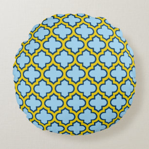 Blauw en geel trellis, rooster, quatrefoil rond kussen