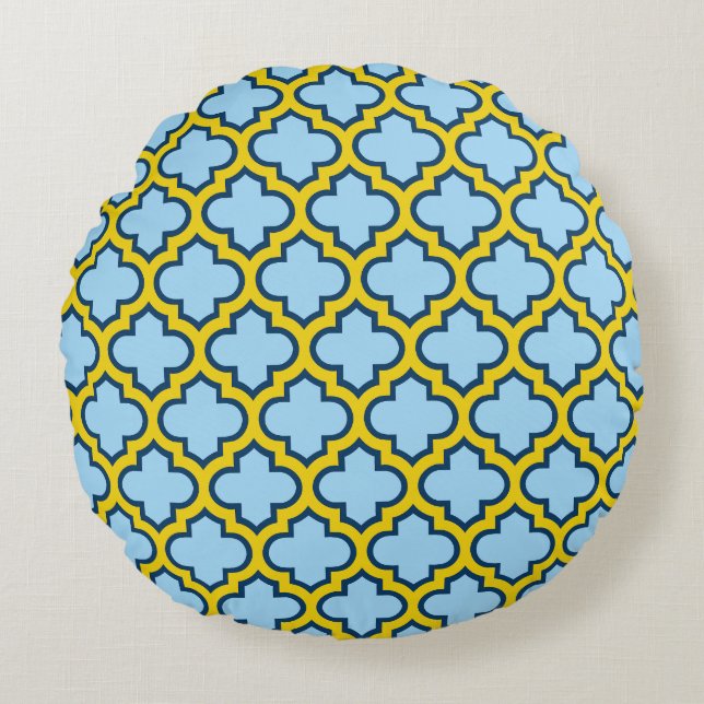 Blauw en geel trellis, rooster, quatrefoil rond kussen (Voorkant)