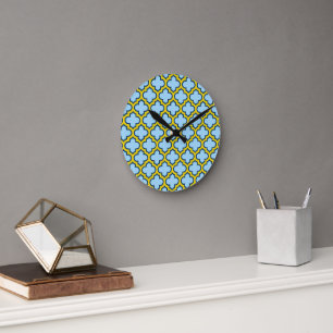 Blauw en geel trellis, rooster, quatrefoil ronde klok