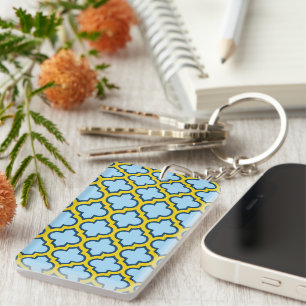 Blauw en geel trellis, rooster, quatrefoil sleutelhanger