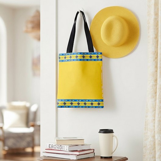 Blauw en geel tribiaal tote bag