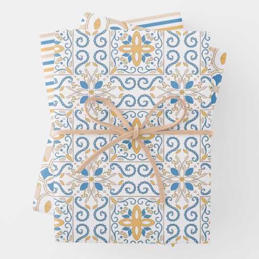 Blauw en geel Tuscan Damask Inpakpapier Vel (In situ)