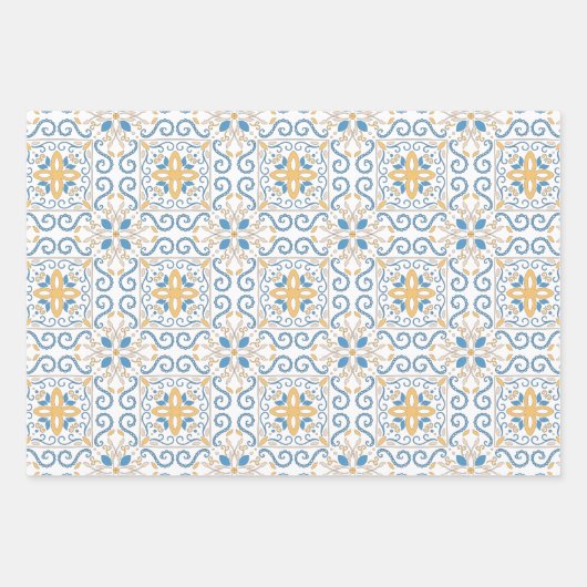 Blauw en geel Tuscan Damask Inpakpapier Vel (Voorkant)