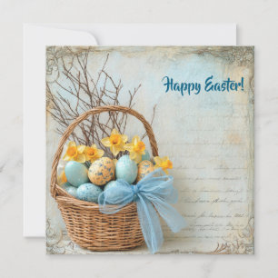 Blauw en geel vintage Paaseieren en narcissen Feestdagenkaart