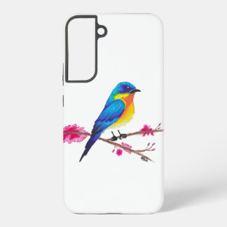 Blauw en Geel vogel met Roze Bloemen Tekening Samsung Galaxy Hoesje