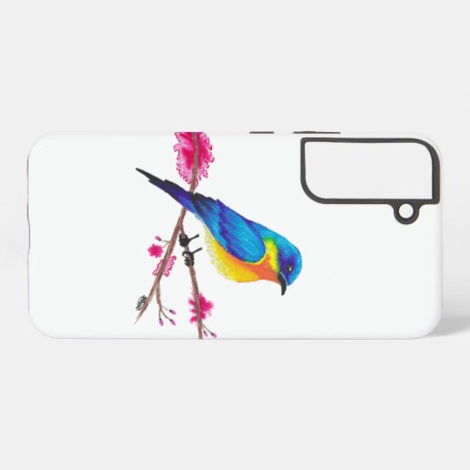 Blauw en Geel vogel met Roze Bloemen Tekening Samsung Galaxy Hoesje (Achterkant horizontaal)