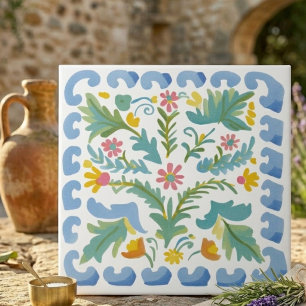 Blauw en geel volkskunst bloemendecoratietegel tegeltje