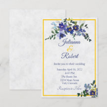 Blauw en geel waterverf bloemenuitnodiging voor ee