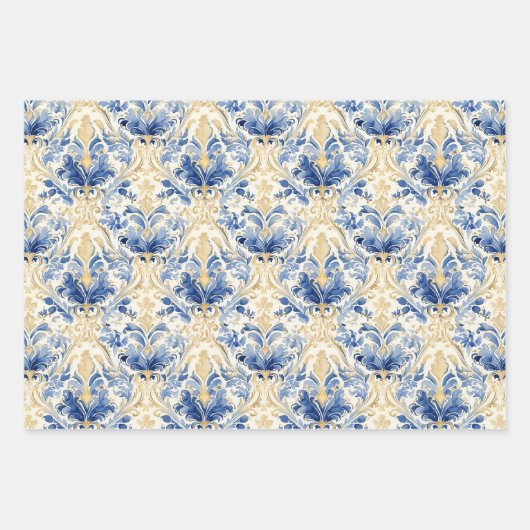 BLAUW EN GEEL WATERVERF DAMASK CADEAU INPAKPAPIER VEL (Voorkant 3)