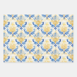 BLAUW EN GEEL WATERVERF DAMASK CADEAU INPAKPAPIER VEL