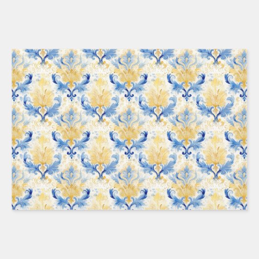 BLAUW EN GEEL WATERVERF DAMASK CADEAU INPAKPAPIER VEL (Voorkant)