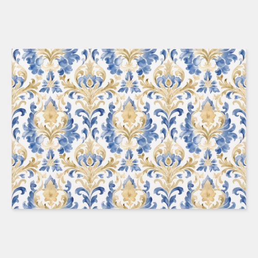 BLAUW EN GEEL WATERVERF DAMASK CADEAU INPAKPAPIER VEL (Voorkant 3)
