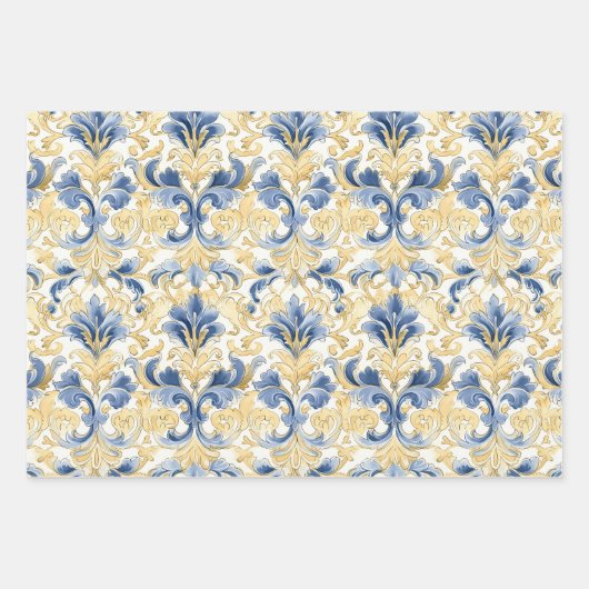 BLAUW EN GEEL WATERVERF DAMASK CADEAU INPAKPAPIER VEL (Voorkant 2)