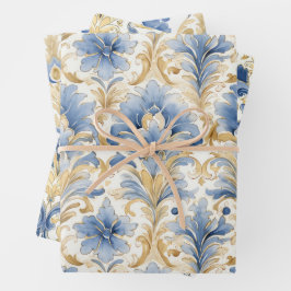 BLAUW EN GEEL WATERVERF DAMASK CADEAU INPAKPAPIER VEL