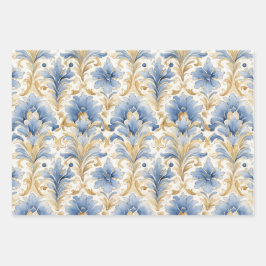 BLAUW EN GEEL WATERVERF DAMASK CADEAU INPAKPAPIER VEL
