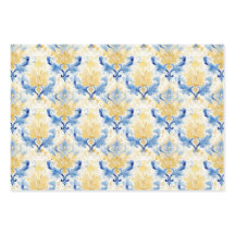 BLAUW EN GEEL WATERVERF DAMASK DECORATIEF PAPIER