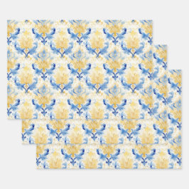 BLAUW EN GEEL WATERVERF DAMASK DECORATIEF PAPIER INPAKPAPIER VEL