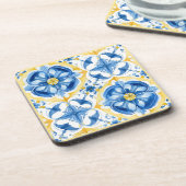 Blauw en geel, waterverf floral Azulejos Bier Onderzetter (Linkerzijde)