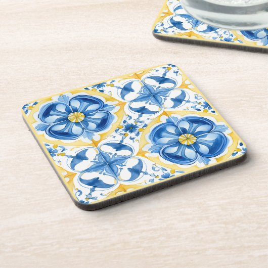 Blauw en geel, waterverf floral Azulejos Bier Onderzetter (Linkerzijde)