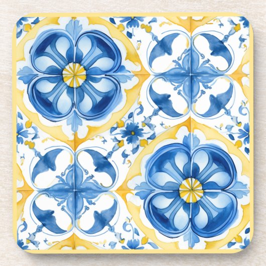 Blauw en geel, waterverf floral Azulejos Bier Onderzetter (Voorkant)