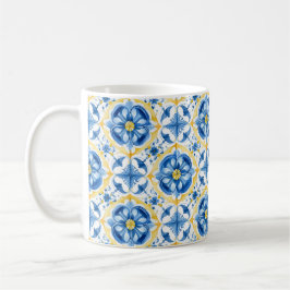 Blauw en geel, waterverf floral Azulejos Koffiemok