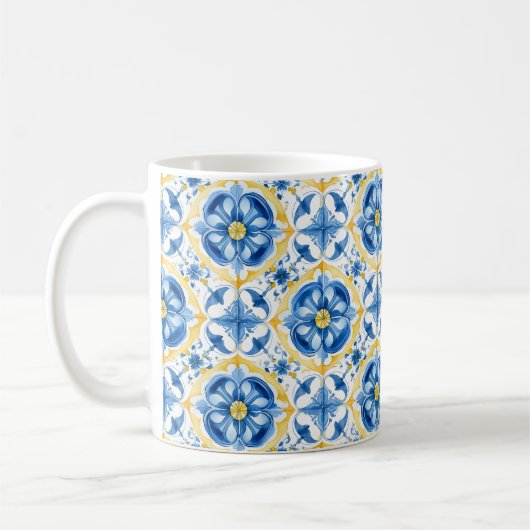 Blauw en geel, waterverf floral Azulejos Koffiemok (Links)
