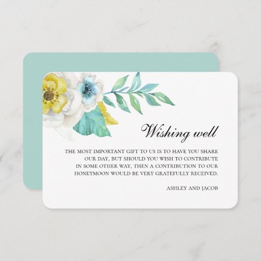 Blauw en geel wensen het goed. Bloemenbruiloft Informatiekaartje (Voorkant / Achterkant)