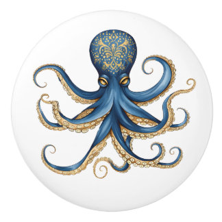 Blauw en Geel Whimsical Octopus Kastlade Keramische Knop