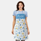 Blauw en Geel Wildbloemmotief Aangepaste Naam Schort (Gedragen)