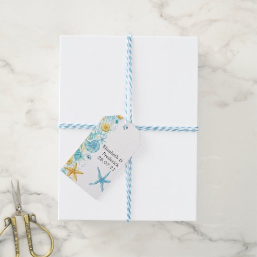 Blauw en geel Zee - Nautical Wedding Cadeaulabel (Met Touw)