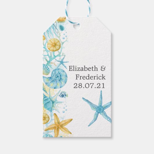 Blauw en geel Zee - Nautical Wedding Cadeaulabel (Voorkant)