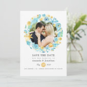 Blauw en Geel Zeedieren Bruiloftsfoto Save The Date (Staand voorkant)