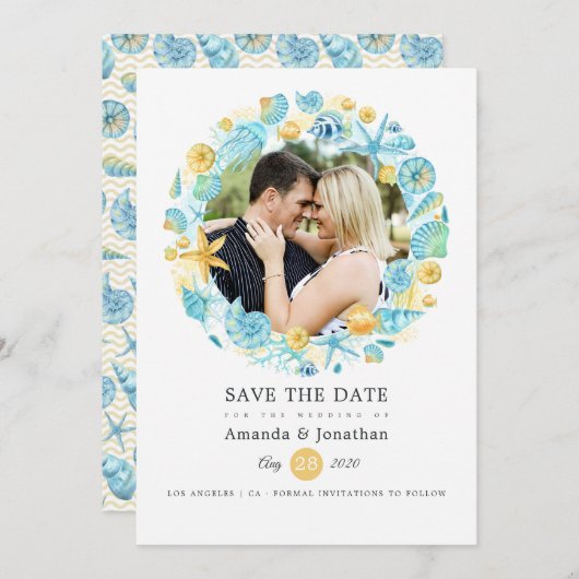 Blauw en Geel Zeedieren Bruiloftsfoto Save The Date (Voorkant / Achterkant)