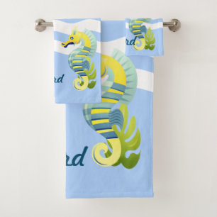 Blauw en geel zeepaard bad handdoek