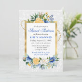 Blauw en geel Zomer Bloemen Gouden Folie Sweet 16 Kaart (Staand voorkant)