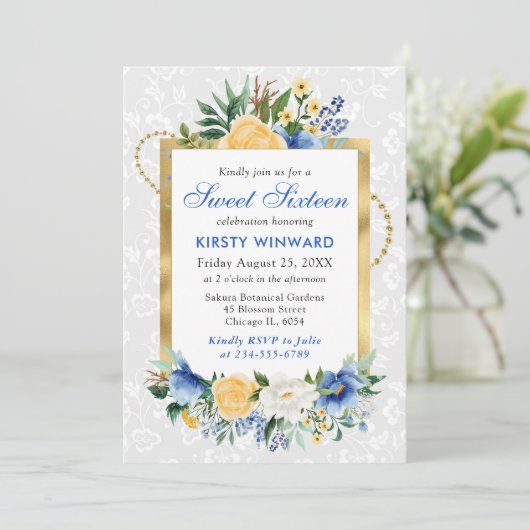 Blauw en geel Zomer Bloemen Gouden Folie Sweet 16 Kaart (Staand voorkant)